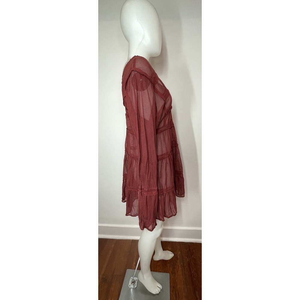 Free People Mesh Tiered Dress SZ S Berlin Maroon Long Sleeves (No Slip - Picture 7 of 8